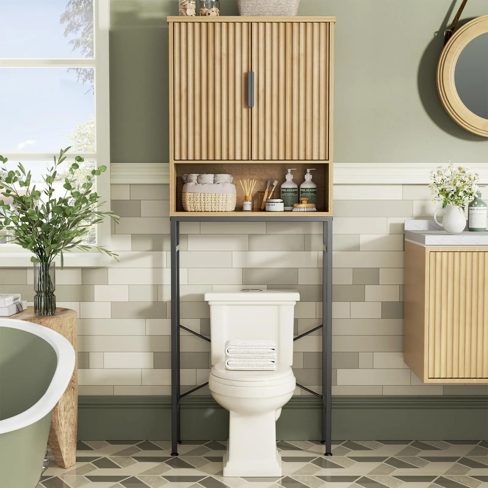 [tiktokshopbacktoschool] Vabches Modern Over-The-Toilet Storage Cabinet - Fluted Doors, Adjustable Shelf, Tall Metal-Stand Bathroom Organizer, Space-Saving Wood Rack for Bathroom, Restroom, Modern Storage Cabinet