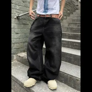 Wide leg jeans, retro loose jeans, casual loose denim pants with pockets, plain fabric