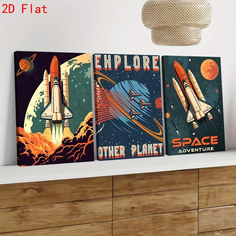 Space Exploration Theme Wall Decor Set, 3-Piece Canvas Poster Print for Boys' Room, Bedroom & Living Room, Modern Style