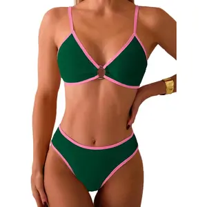 Women's Triangle Bikini Sets Circle Ring Linked Two Piece Swimsuit Color Block Cheeky Bathing Suits