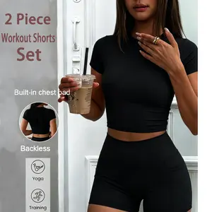 （Summer Vibes）Women's Workout Yoga Sets 2 Piece, Short Sleeve Athletic Tops & High Waist Running Shorts, Moisture Wicking 4 Way Stretch Tummy Control Gym Activewear for Fitness Training for Gym Pilates Fitness Running