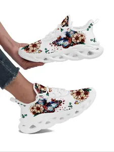 Butterfly & Floral Pattern Lace Up Low Top Sneakers, Casual Comfortable Lightweight Sports Running Shoes, All-match Round Toe Shoes for Daily, Fashionable Running Shoes