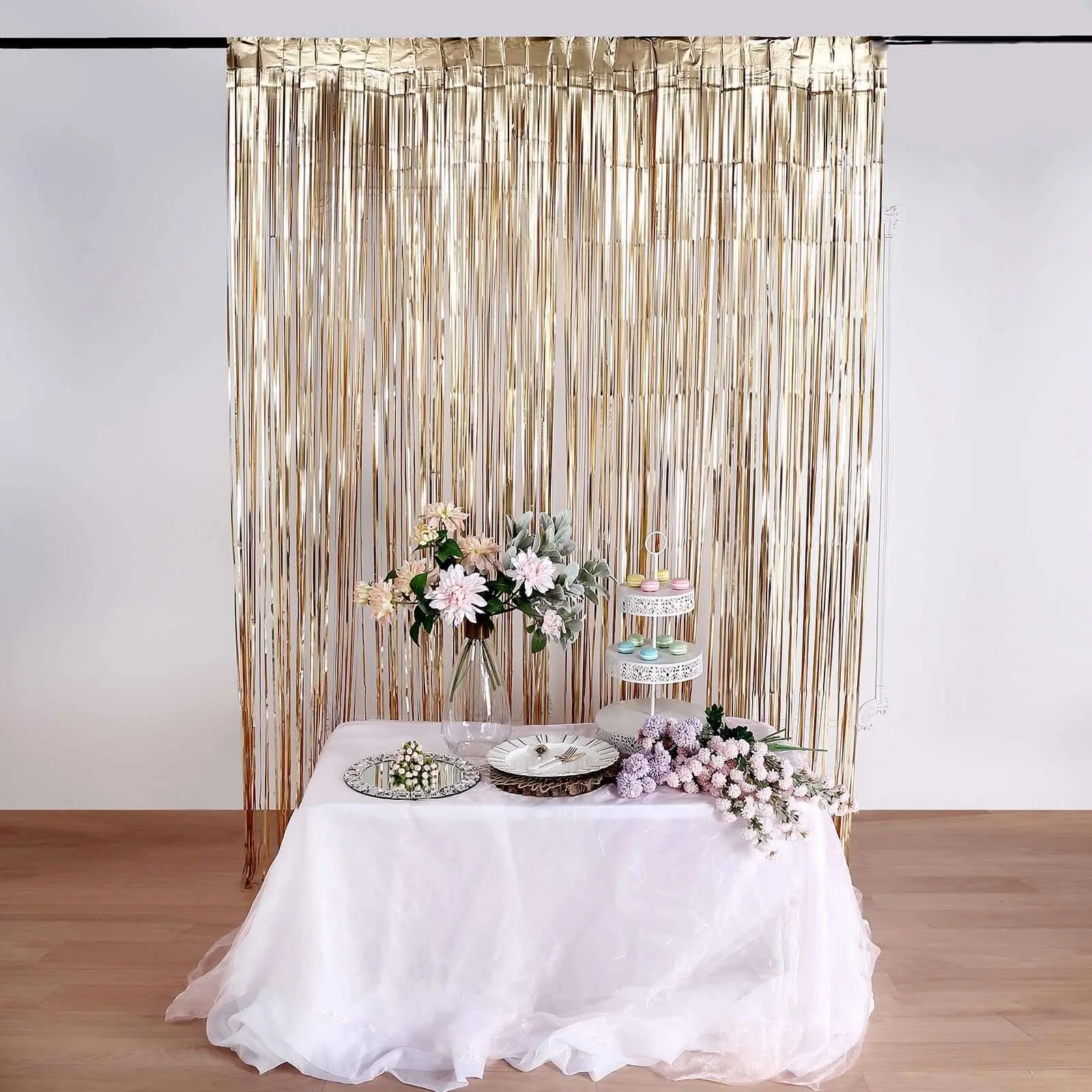 Matte Gold Metallic Foil Fringe Doorway Curtain, 8ft Long Party Backdrop with Adhesive Sticker for Easy Surface Application, Festive Birthday Party Home Decor