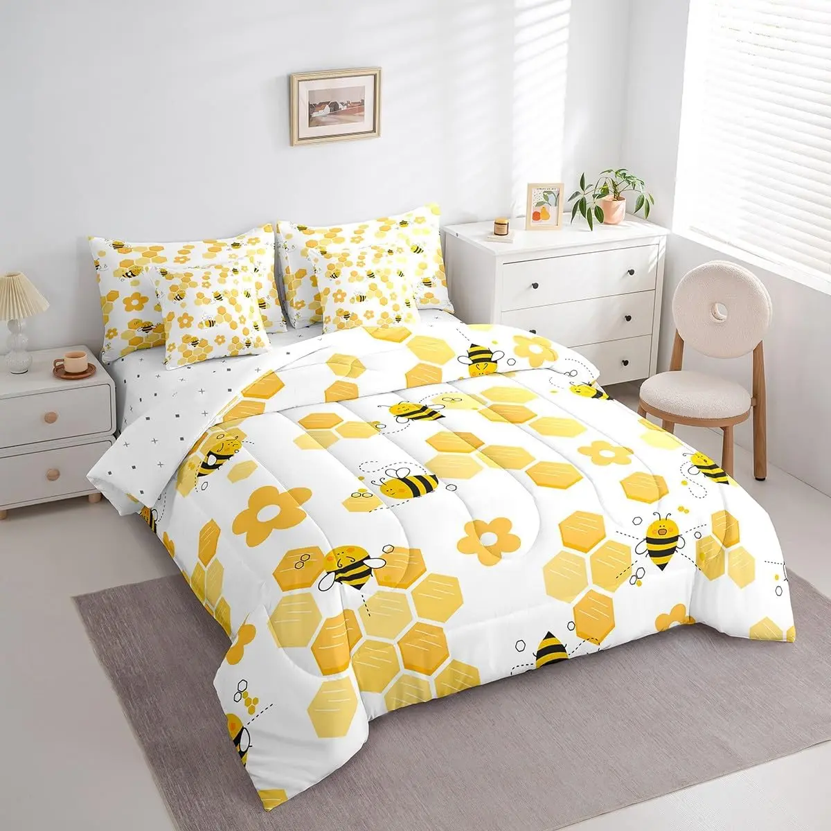 Honeycomb Comforter Set with Sheets,Cute Bees 7 Piece Bedding Set,Nature Spring Garden Bee Bed in a Bag