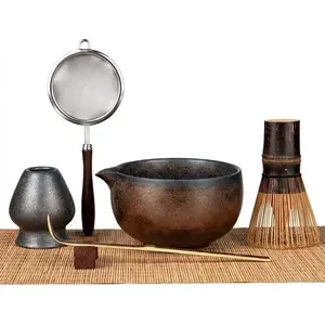 Matcha Whisk Set 7-Piece with Handmade Matcha Bowl & 100-Prong Purple Bamboo Whisk (Chasen), Complete Matcha Kit with Holder, Scoop & Rest, Bamboo Tea Mat, Gift-Ready Matcha Set