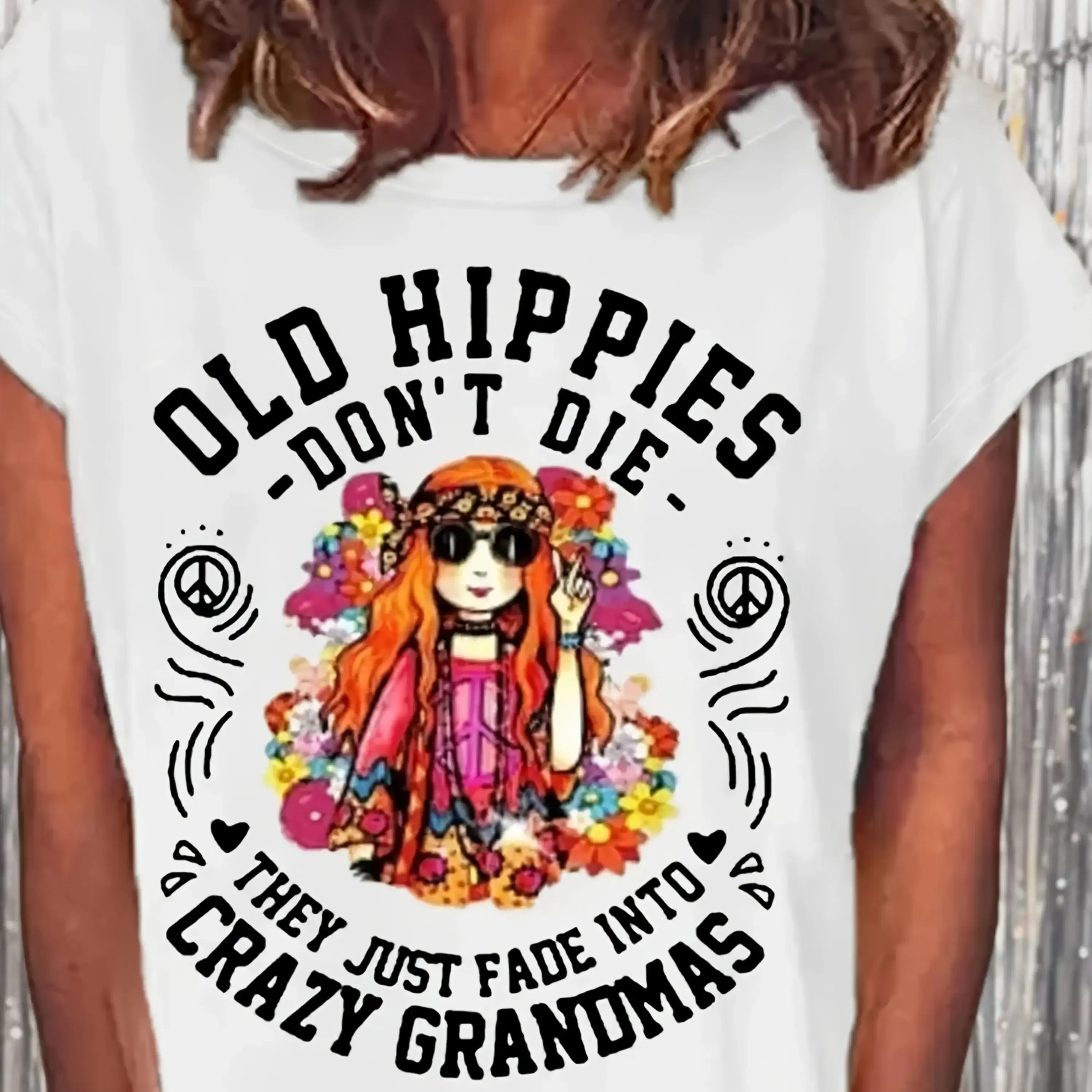 Women's Casual T-Shirt - 'Old Hippies Are Not Dead' White Tee with Floral & Peace Sign, Machine Washable, Hippie Clothing Top