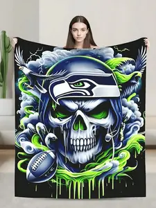 Seahawks Skull Design Soft Flannel Football Blanket - Comfortable, Warm for Sofa, Bed; Ideal Gift for Football Fans with Vibrant Green, Blue Artwork, Football Blankets