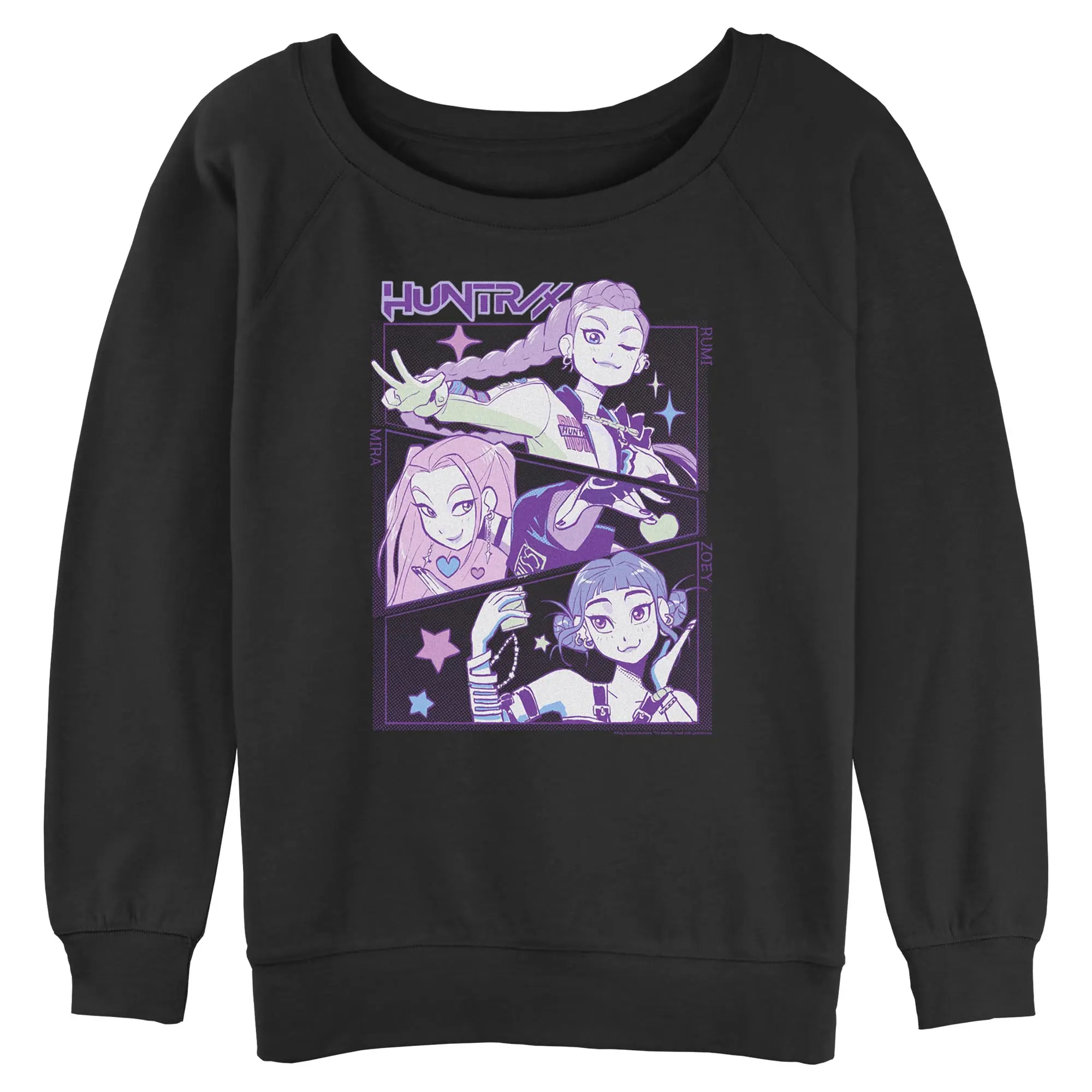 Officially Licensed Netflix KPop Demon Hunters Juniors' Huntrix Comic Panel Print Pullover Hoodie - Longsleeves, Cotton Fabric, Round Neck, Strip Detail, Casual All Seasons Women's Sweatshirt