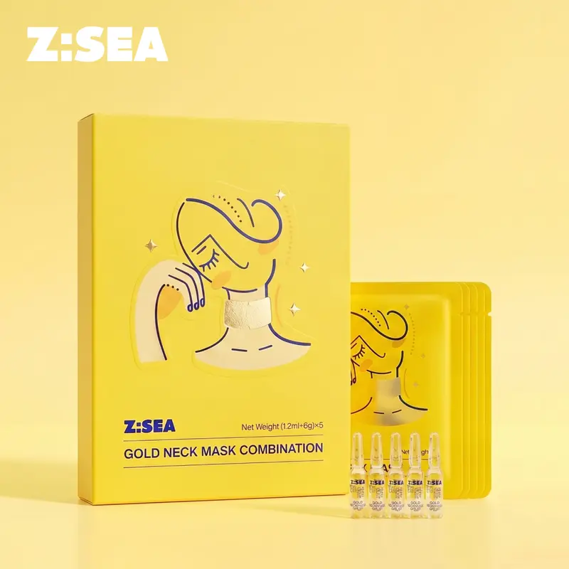 Gold Peptide Combo Neck Care Kit (1 Mask + 5x1.2ml Ampoules) - Anti-Aging, Hydrating, Firming Lift Cosmetics for Adults, All Skin Types, No Harmful Additives, Daily Body Care with Moisture Support