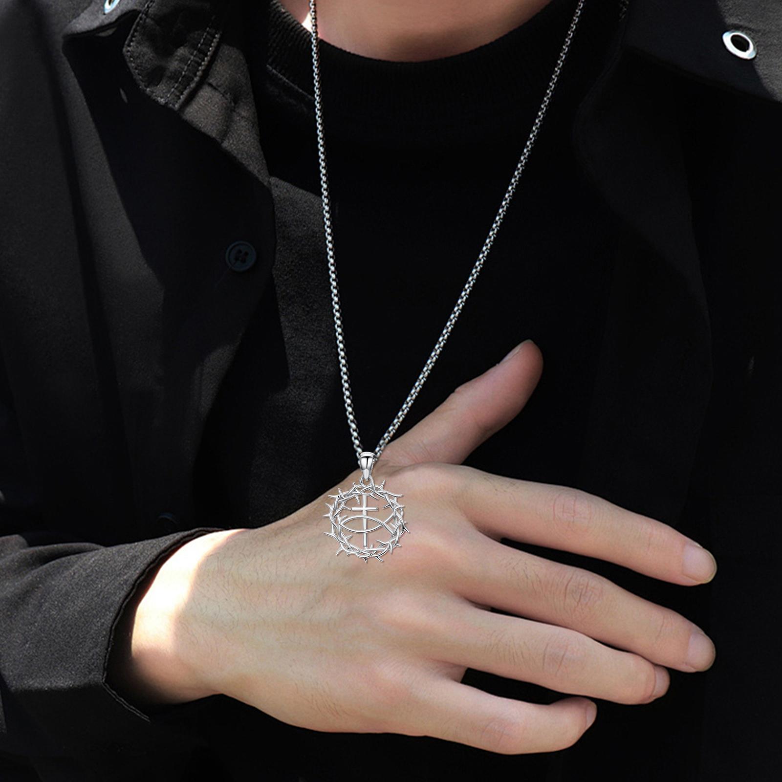 MEIDERBO Dream Chaser Crown of Thorns Necklace for Men 925 Sterling Silver Oxidized Cross Pendant Stainless Steel Chain 22+2 Inch Adjustable Christian Jewelry