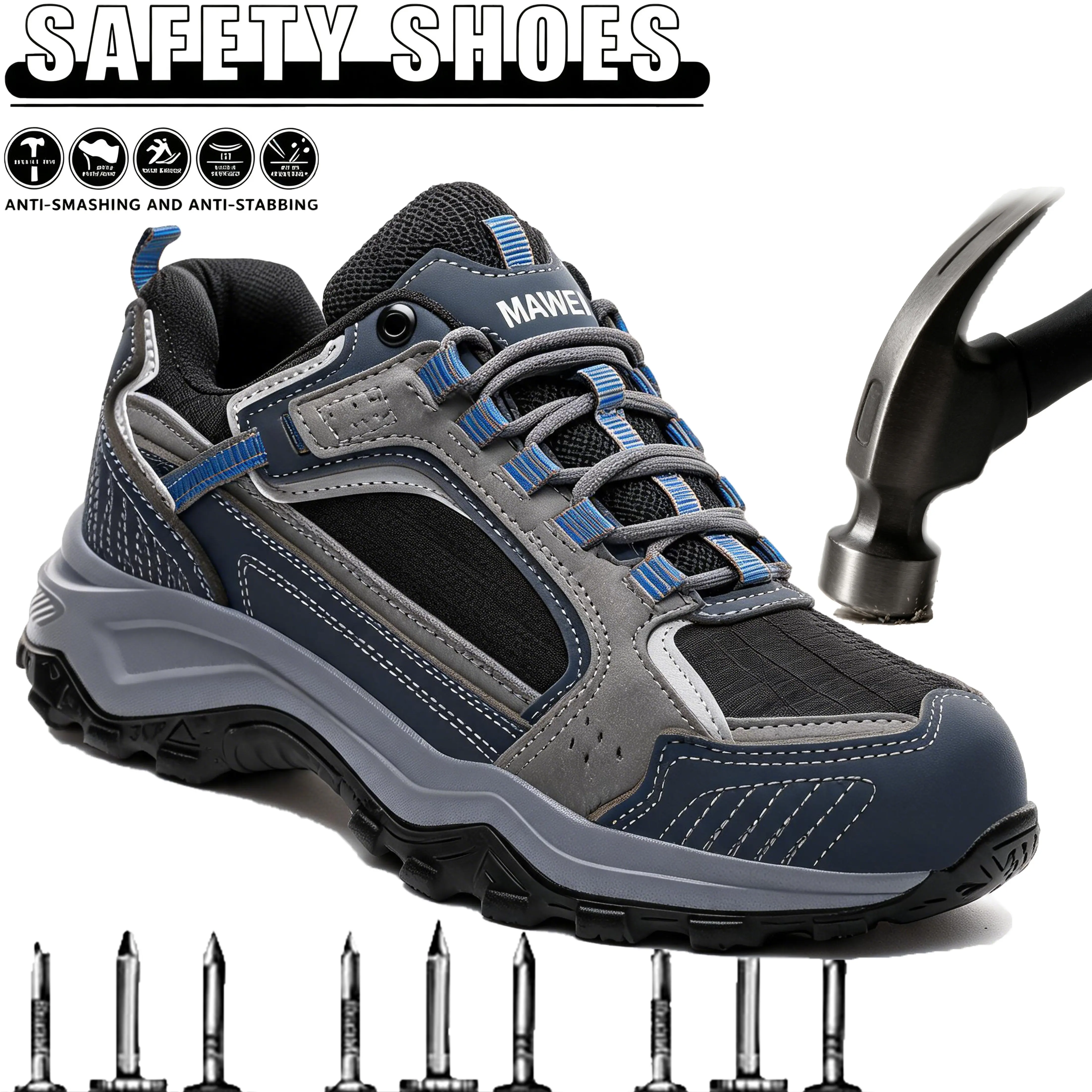 Men's Minimalist Round Toe Steel Toe Work Sneakers - Synthetic, Anti-Smashing, Anti-Puncture, Lightweight, Breathable, Comfortable Industrial Construction & Outdoor Protective Shoes for All-Day Wear, All Seasons