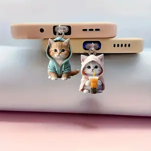 3Pc 3D Bubble Cute Kitten Acrylic Dust Plugs, Durable Anti-Dust Covers for Lightning/Type-C Smartphone Charging Ports, Kawaii Mobile Phone Accessories