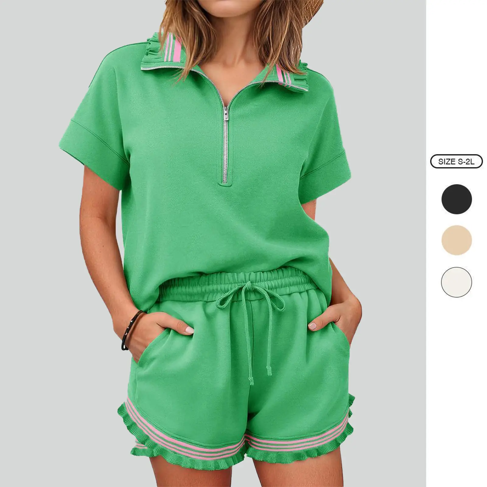 Imily Bela 2 Piece Outfits Short Sets for Women Sweatsuit Casual Tracksuits Summer Half Zip Ruffle Tops Matching Sets