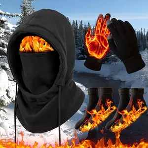 4-piece winter thermal insulation set, windproof and cold proof knitted balaclava hat+gloves+socks set, winter cycling set, thick fleece-lined polar fleece  windproof face mask，Windproof and thermal mask