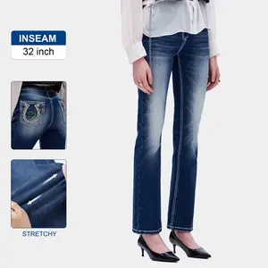 Mid Rise Bootcut Jeans Denim Womenswear Blue Bottom Embroidered Streetwear Pants Trouser High-Stretch 93% Cotton 5% Polyester 2% Spandex