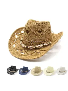 Spring and summer new fashion hollowed-out hand-woven ethnic style denim straw hat, Cowboy Hat, outdoor travel sun protection sun hat, trendy, Casual Trendy Hat