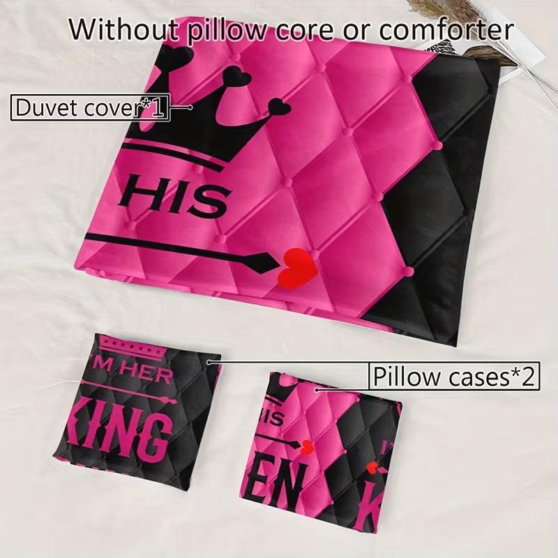 3-piece couple style king and queen printed duvet cover set, Bedroom Bedding Set, Valentine's Day elements, including 1 duvet cover and 2 pillowcases (excluding the core), suitable for all seasons, creating romantic bedroom couple bedding