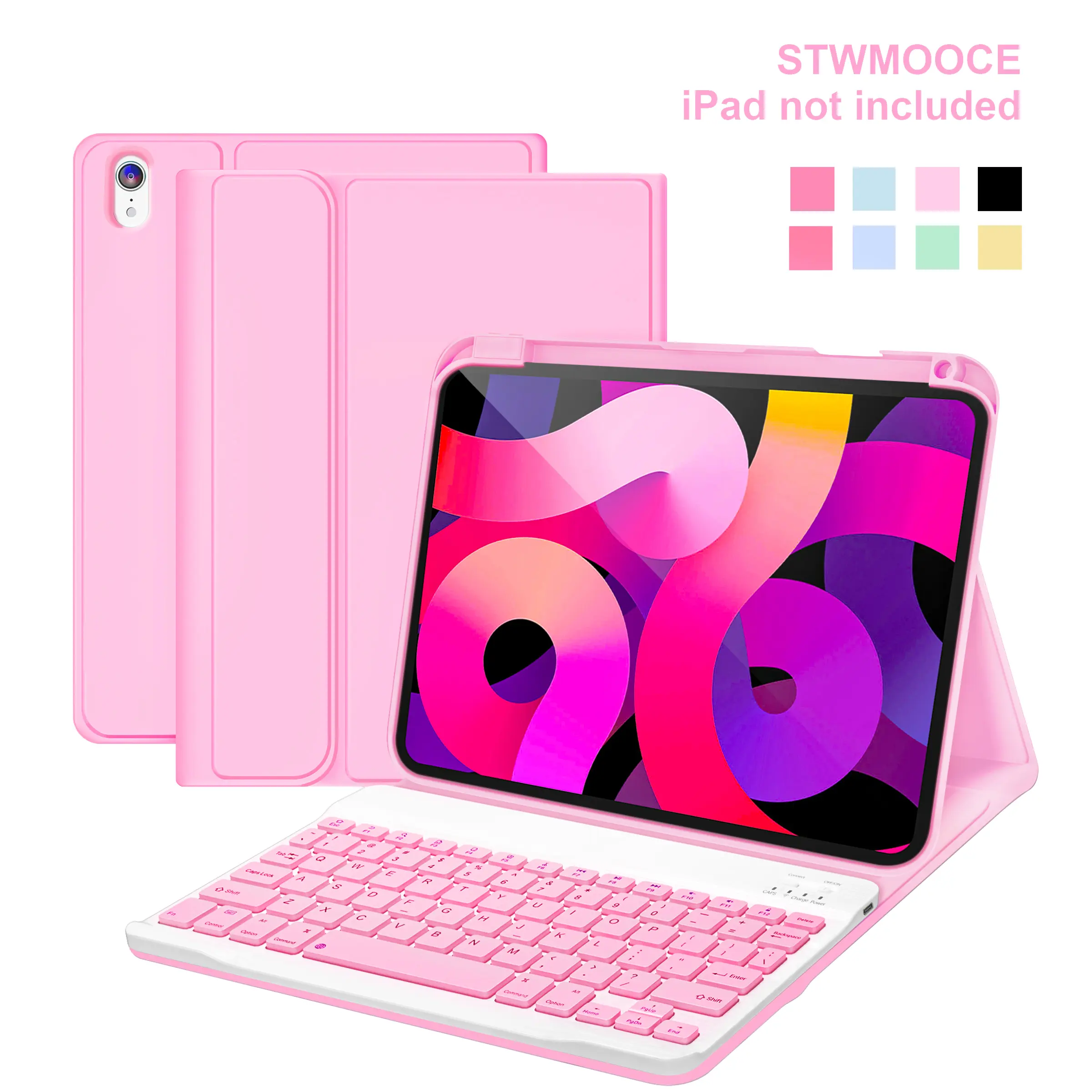 STWMOOCE iPad Case with Wireless Keyboard, Detachable Tablet Bluetooth Keyboard Magnetic Cute Case for 10.2-inch iPad 7/8/9th, 10.9/11-inch iPad 10th/A16, iPad Air 4/5th, 11-inch iPad Air M2/M3/M4, iPad Pro 11-inch 1/2/3/4th Gen, Pencil Holder Pink Cover