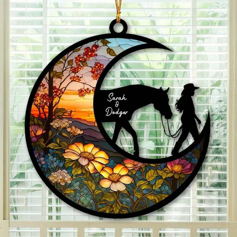 Personalized Name Girl And Horse Hanging Suncatcher Ornament, Horse Memorial Gift, In Loving Memory, Gift for Horse Lovers