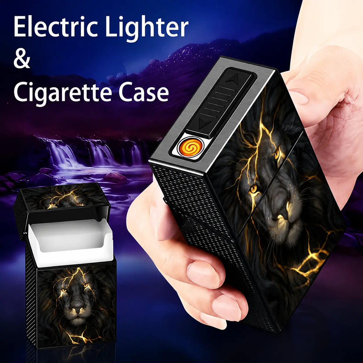 USB-C Rechargeable 20-Slot Storage Case with Built-In Electronic Ignition, Double-Sided Eagle and Wolf Artwork, Windproof Design with Thickened Tungsten Heating Wire, Portable Outdoor Accessory Aluminum Alloy Lighter