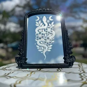 Celestial Snake Floral Mirror – Hand Etched Moon Phase Decor, Witchy Wall Art, Serpent Garden Mirror, Mystical Glass Etching