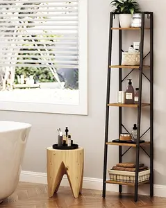 Ladder Shelf, 5-Tier Freestanding Corner Bookshelf with 2 Hooks, Industrial Storage Shelve for Home Office, Living Room, Kitchen, Bedroom, Rustic Brown