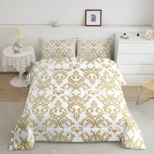 Jacquard Damask Bedding Set for Boys Girls Teens,Damask Floral Comforter Set for Adult,Boho Damask Duvet Set,White Gold Quilt Se, Decorative Bedding Set, Microfiber Bedding Set