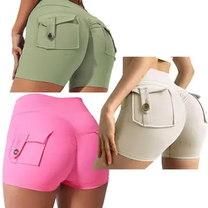 3pcs 2pcs Women's Solid Button Pocket Sports Shorts, High Waist Comfy Breathable Ruched Skinny Sports Shorts for Yoga Gym Workout Running, Ladies Sportswear for Fall & Winter, Breathable Fitness Shorts Ladies Sportswear Clothing for Indoor Outdoor Wear