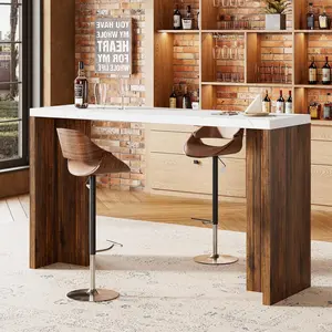 55" Long Modern Bar Table with Faux Marble Top, White & Walnut Counter Height Pub Table for 4–6, LED Light Home Bar Unit for Kitchen Dining Room Living Room Balcony