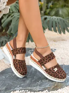 Women's Retro Leopard Print Wedge Sandals, Commuter Versatile Straw Thick Sole Slip-On Shoes, Stylish Footwear for Everyday Use