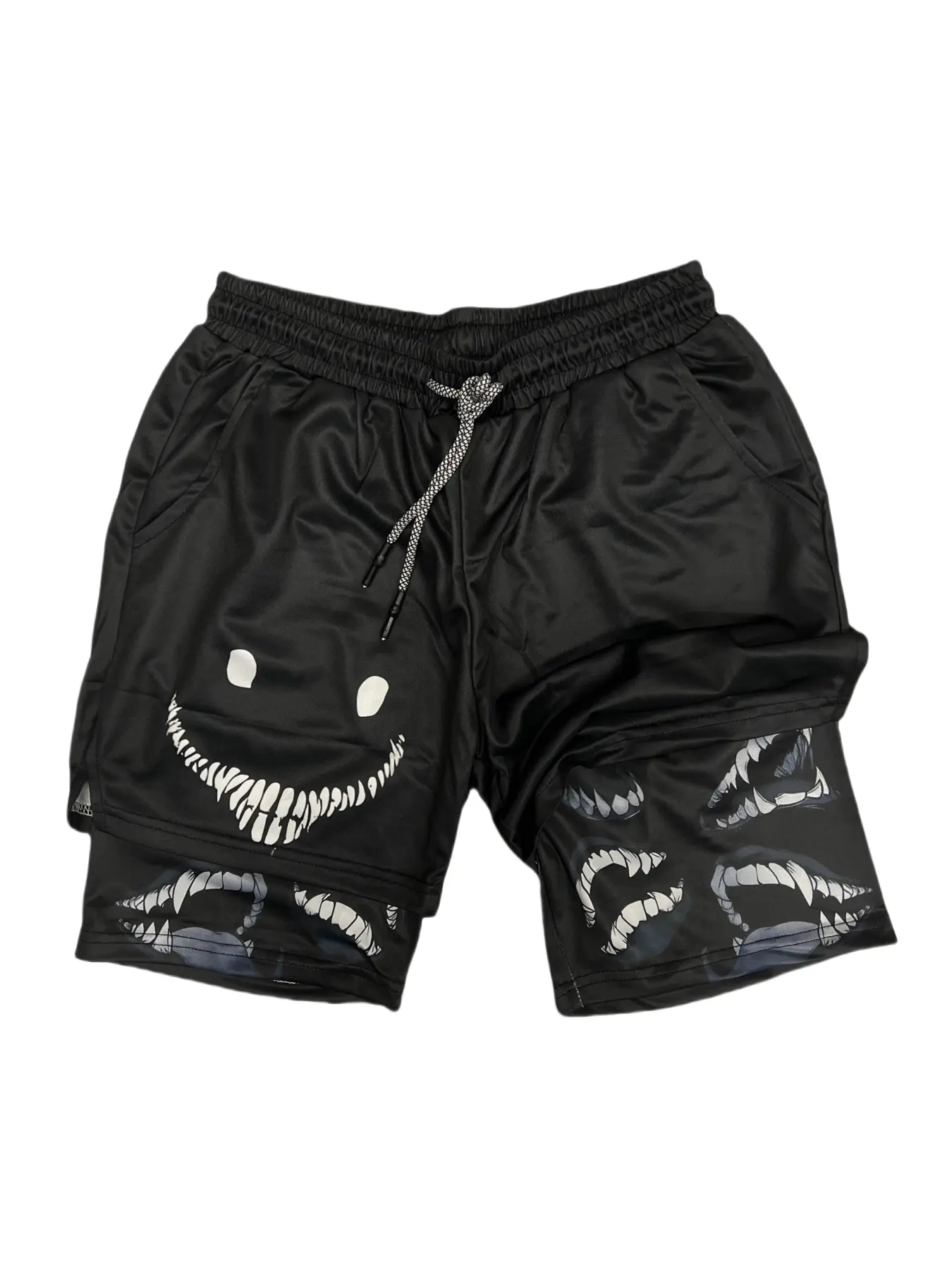 Men’s 2 in 1 Gym Shorts Scary Grin Demon Teeth Monster Face Print Quick Dry Compression Liner Athletic Running Basketball Workout Shorts With Pockets