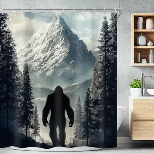 Funny Chimpanzee Shower Curtain 60Wx72H Inch Mountain Rustic Monkey Scenery Tree Cool Wild Animal Silhouette Nature Mens Bathroom Decor Fabric Polyester Waterproof 12 Pack Hooks