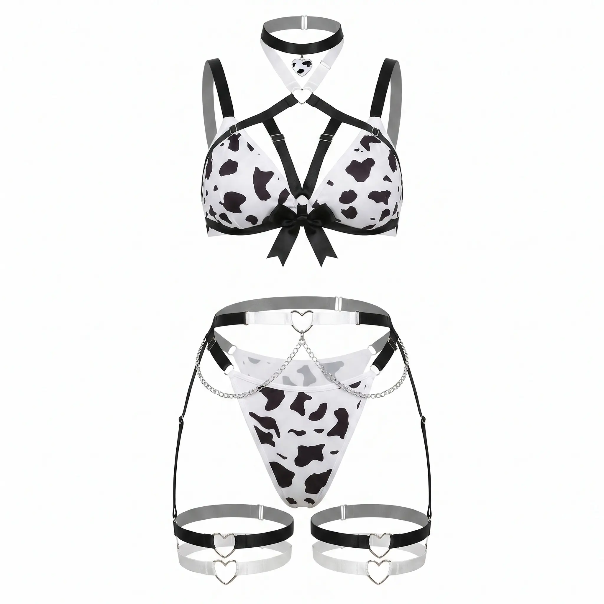 Conjunto de Lencería Con Estampado de Vaca - Sexy, Comfortable Body Suit with Halter Top for Parties & Festivals, Modern Design for Women Brazilian Lingerie Letter Print Bodysuit