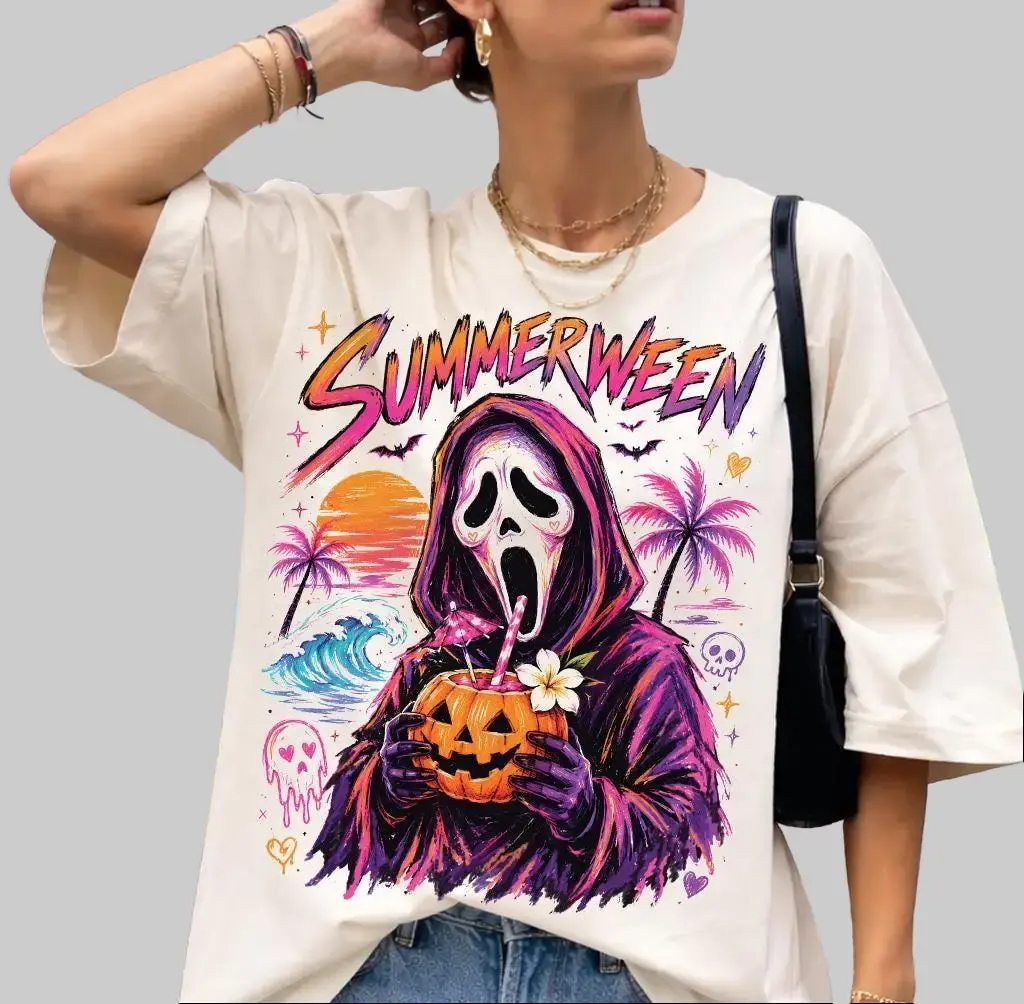 Summer Tshirt, Summerween Shirt, Retro Horror Summer Tee, Spooky Ghost Beach Vacation T-Shirt, Halloween Summer Graphic Top