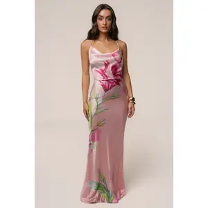 Light Pink Satin Floral Print Maxi Dress