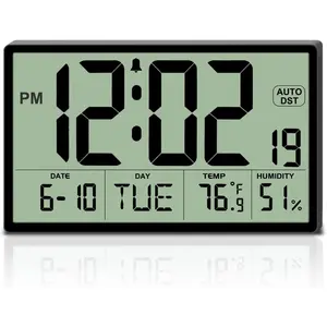 9'' Narrow Bezels  Operated Digital Wall Clock with Temperature and Humidity - Auto DST, Large 2 5/8 '' Digits, 5-Level Volume  (3  Included) - Wall Mount/Desktop for Office Bedroom Kitchen