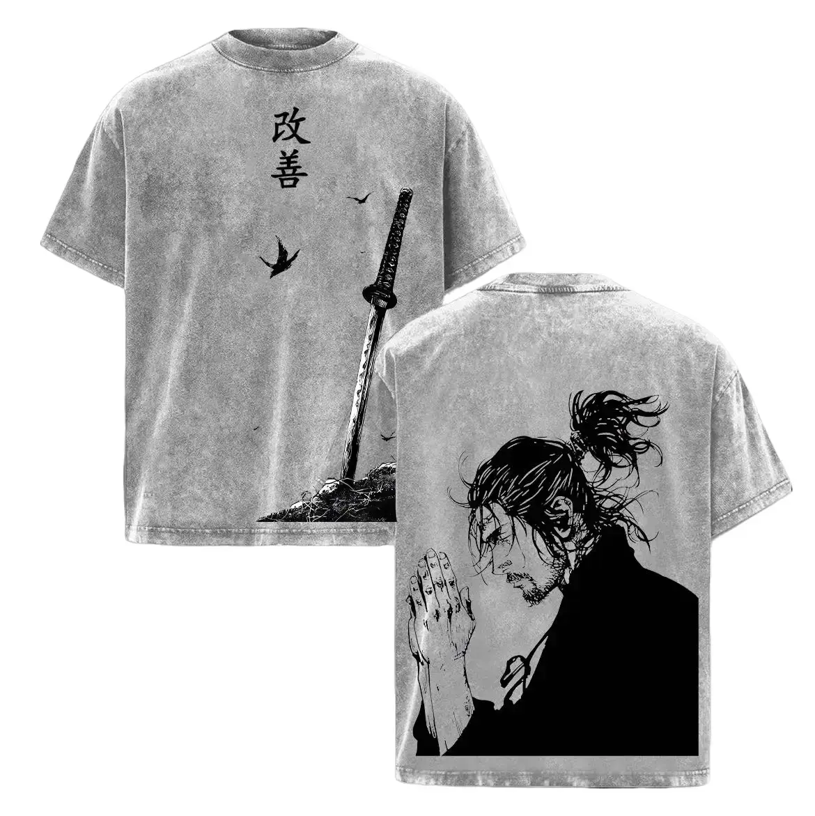 Men's Samurai Warrior Graphic T-Shirt - Vintage Washed Japanese Art Front-Back Print, Oversized Soft Breathable Cotton, Unisex Manga Lovers Apparel, Short-Sleeve Top, Seamless Street Casual Outfit, Tshirt, Shortsleeve, Tops, Printed, Pre-Washed