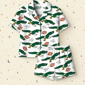 Women’s Eagles Football Print Pajama Set, Short-Sleeved V-Neck Sleepwear for All Seasons Button Front Pockets Comfortable All-Season Sleepwear