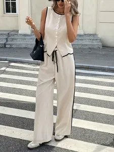 Women's Summer Colorblock Sleeveless Vest Set with Drawstring Pants, Fitted Design, Single Button Closure, Casual Fashion