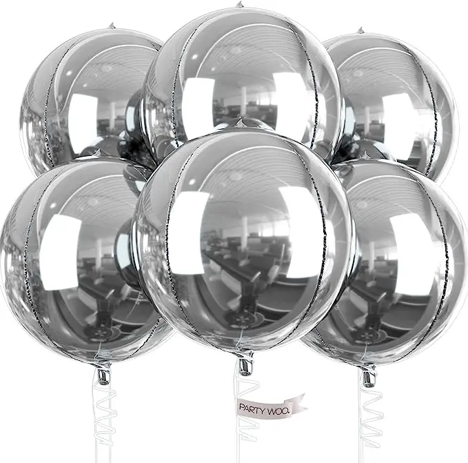 PartyWoo Metallic Silver Foil Balloons, 6pcs 22-Inch Large Round 4D Jumbo Inflatable Mirror Mylar Decorative Balloons for Graduation, Birthday Party Decorations, Balloon Balloons, Decorative Balloons Balloons