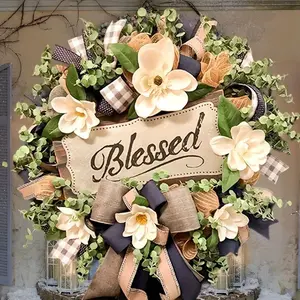 Spring Summer Magnolia Ribbon Flower Wreath, 40cm/45cm Realistic Wreath, Perfect for Front Door, Windows, Walls, Garden, Weddings, Parties, Home Decor