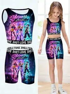 Girls Kpop Series Vest Shorts Set, Cyber Stage Cartoon Print Design, Summer Yoga Shorts Two-Piece, Casual Street Style, Outdoor Gift