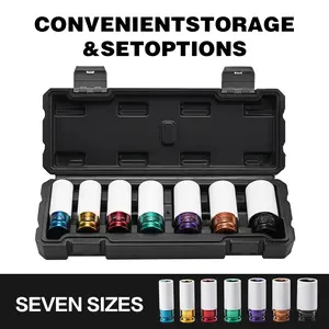 7pc Wheel Protector Impact Socket Set (17-27mm), 1/2" Drive Thin Wall Deep Sockets with Non-Marring Sleeves, Color Coded Metric Socket Set