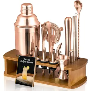 Cocktail Shaker Set Bartender Kit with Stand - Drink Mixer Bar Set with All Essential Bar Accessory Tools - Martini Shaker Jigger Strainer Mixer Spoon Muddler Liquor Pourers - Rose Gold