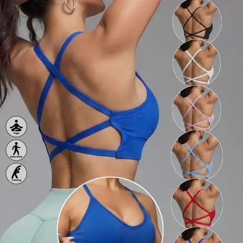 Women's Seamless Quick-Dry Strappy Sports Bra, Removable Pads, Breathable Backless Cross Strap, Comfortable Stretch&Support Tank Top, Ideal for Outdoor/Yoga/Gym, Activewear, Strappy Workout Bra, All Seasons