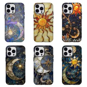 Sun Moon Celestial Faux Stained Glass Phone Case For iPhone 17 Promax 16 15 14 13 12 11 Plus Pro Max 17Air and Samsung S26 S25 S24 S23 S22 S21 FE Plus Ultra - Anti Drop Full Perfect Aesthetic Printed Soft TPU Case high quality design accessory yellow gold