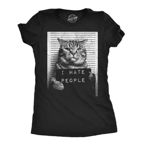 Womens  Funny T Shirts I Hate People Cat Mugshot Sarcastic Graphic Novelty Tee for Ladies Funny Womens T Shirts Cute Vintage Fashion Casual Ladies T-Shirt Gift Sarcastic Tops for Women Funny Cat Top Women's Black -