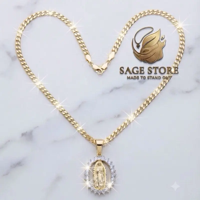Gold Plated Virgin Mary Pendant Necklace, 18L, Adorned with Clear Stones