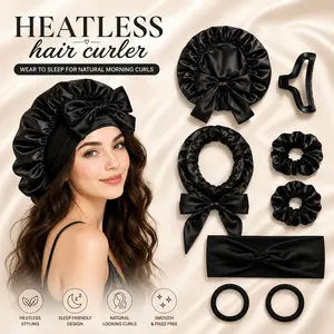 8Pcs Luxury Satin Heatless Curler Set, No Heat Overnight Curling Kit with Satin Bonnet, Curling Headband, Scrunchies, Hair Clip & Hair Ties, Wake Up to Soft Curls, Smooth Waves, Frizz-Free Hair & Beauty Sleep Styling