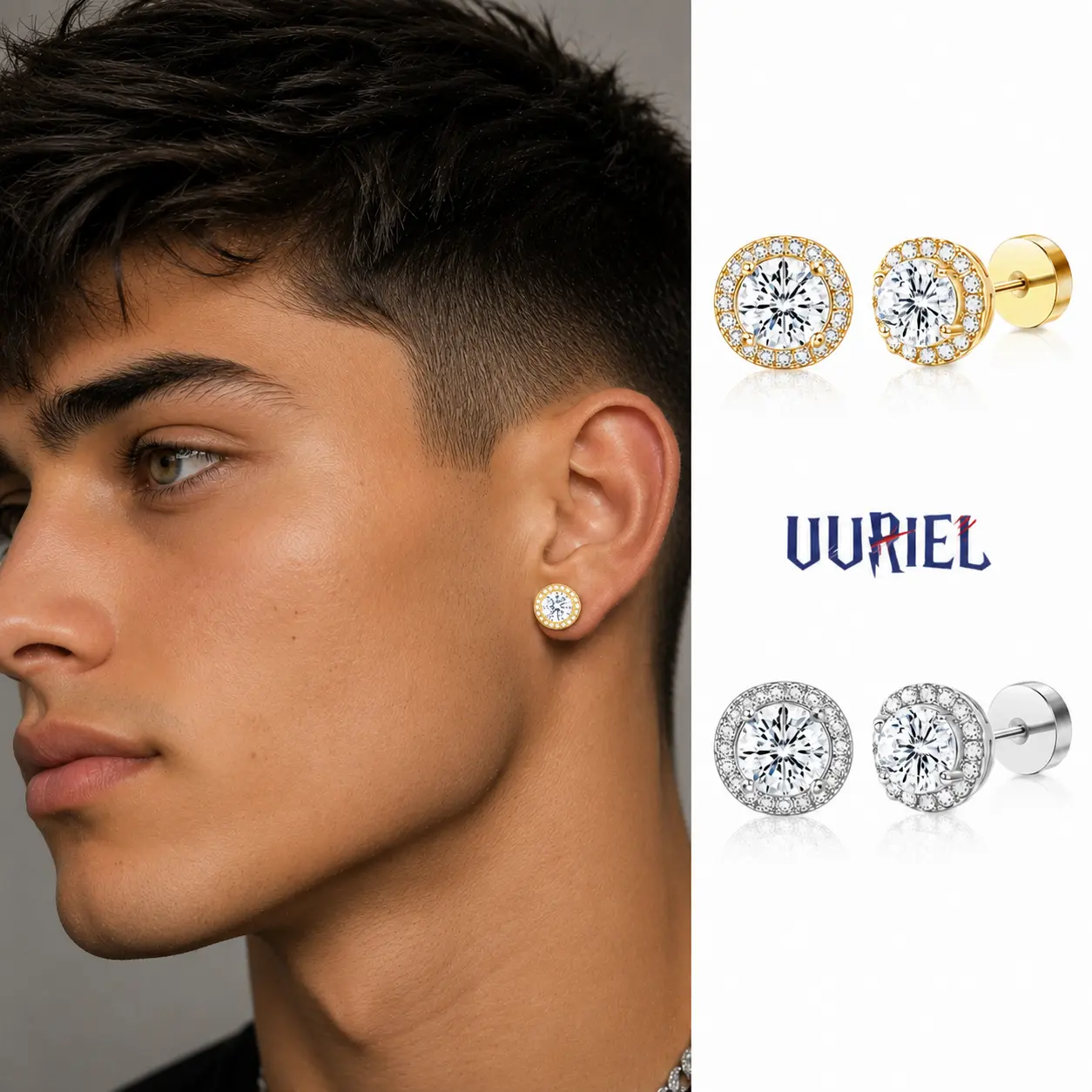 UURiel 2Pairs Halo CZ Stud Earrings Set  Round & Square Sparkle Styles ，Hypoallergenic Everyday Jewelry，Jewelry For Men Women